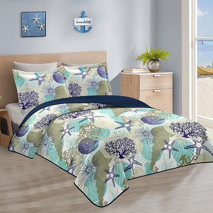 Tritard 3 Piece Coastal Quilt Sets King Size - Reversible Microfiber Quilts with 2 Shams Soft Lightweight Beach Bedding Nautical Bedspread Coverlet Summer Comforter Set for All Season, 106''x96'', C6
