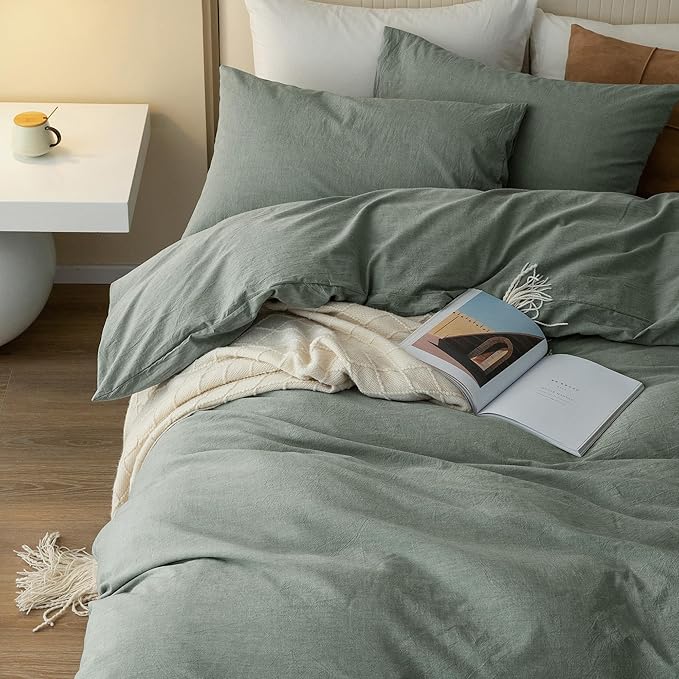 JIYUAN 100% Washed Cotton Duvet Cover Set 3 PCS Super King Plus, 1 Duvet Cover 120x120 Inches(Comforter Not Included) and 2 Pillowcases,Linen Feel Bedding Set Comfy and Breathable, Heathered Green