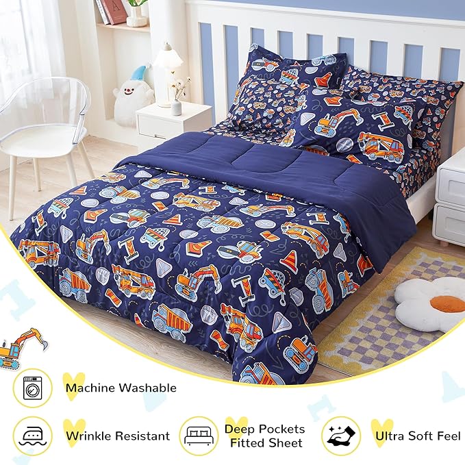 Viviland Kids Twin Bedding Sets for Boys, Soft Twin Comforter Set with Sheets, 5 Pieces Microfiber Bed in a Bag, Navy Blue Tractor