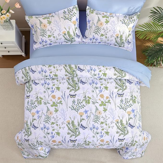 Yiran King Size Comforter Set, 7 Pieces Blue White Floral Soft Bedding Sets, King Bed in a Bag Botanical Flowers All Season Comforter, Sheets, Pillowcases & Shams