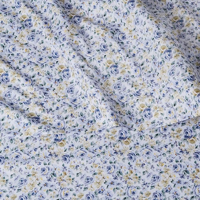 Amazon Basics Lightweight Super Soft Easy Care Wrinkle Free Breathable Brushed Microfiber 3 Piece Bed Sheet Set with 14-Inch Deep Pockets, Twin, Blue Floral, Kids, Men & Women Bedding