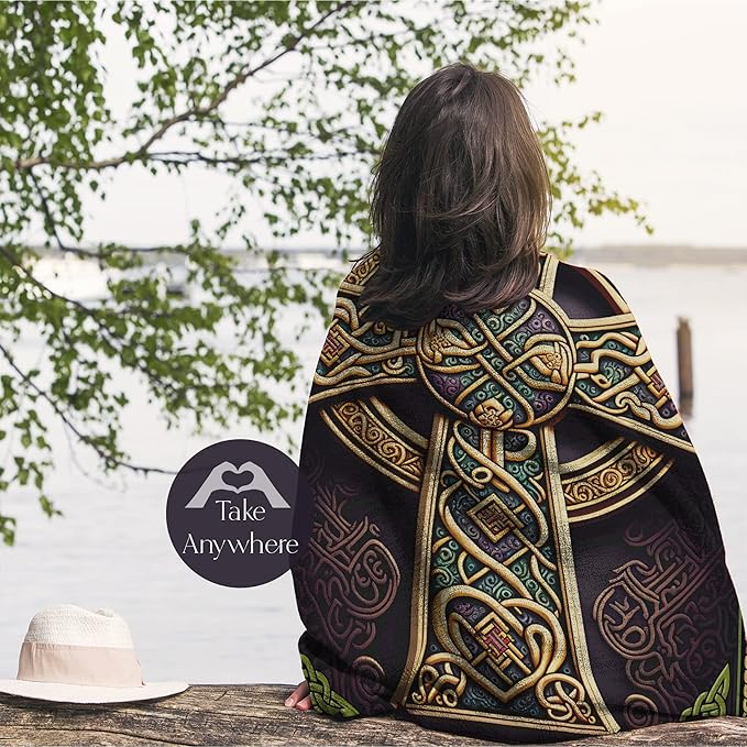 Celtic Old Rugged Cross Blanket for Adults, Decorative Home Decor Tapestry or Bedroom Throw, Vintage Irish or Norse Inspired Theme, Warm, Soft and Plush, (Sherpa 60x80)