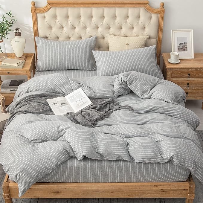 PURE ERA Jersey Knit Duvet Cover Set 100% T-Shirt Heather Cotton Super Soft Comfy Classic Striped Design, with Zipper Closure, Grey & White Pintripe, Queen