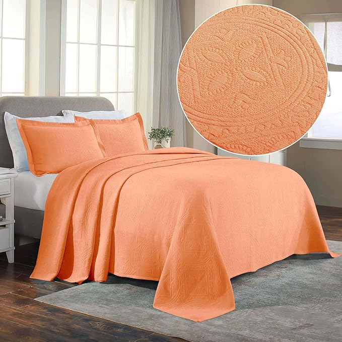Superior 2 Piece Celtic Circles Cotton Bedspread Set, Decorative Bed Spread, Home Bed Decor, 1 Pillow Sham, Medium Weight Blanket, Matelasse Coverlet Bedding, Wedding Ring Design, King, Salmon