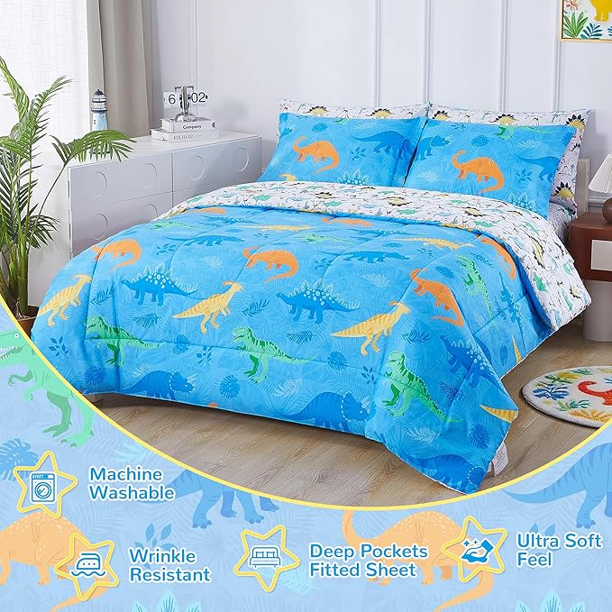 Viviland Kids Full Bedding Sets for Boys, Soft Full Comforter Set with Sheets, 7 Pieces Microfiber Bed in a Bag, Blue Dinosaur