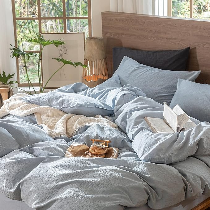 MooMee Wavy Striped Duvet Cover Set 100% Washed Cotton Linen Like Textured Breathable Durable Soft Comfy (Cornflower Blue, Twin 68"x90")