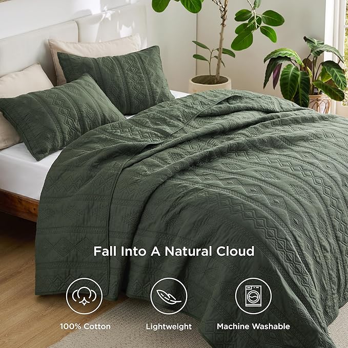 Bedsure 100% Cotton Quilt Set - King Size Bedspread, Lightweight Soft Bed Coverlet, 3-Piece Cozy Stitching Comforter with 2 Pillow Shams in Geometric Pattern for All Season, 106x96 inches, Olive Green