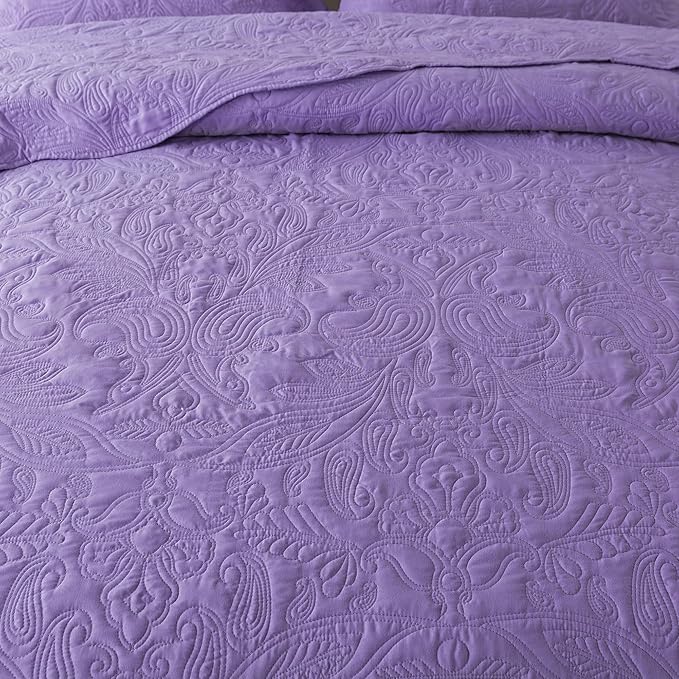 HoneiLife Queen Quilt Bedding Set - 3 Piece Microfiber Quilt Sets Lightweight Bedspreads Reversible Coverlets Rustic Bed Cover Floral Bedding Set All Season Quilts-Purple