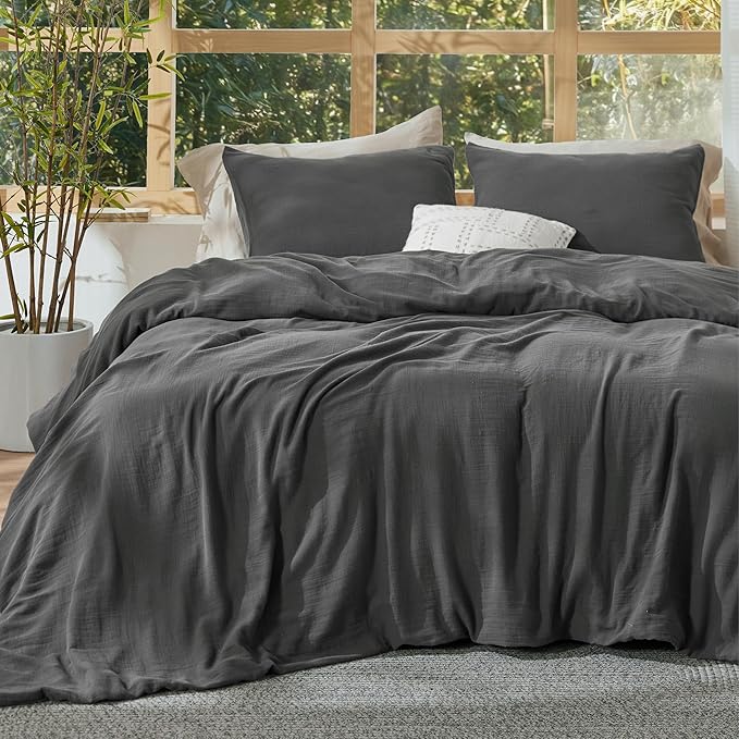 Bedsure Muslin Duvet Cover Queen Size - Cotton Blend Rayon Derived from Bamboo, Cooling Duvet Covet for Hot Sleepers - Ultra-Soft & Breathable Bedding Set for All Seasons(Dark Grey, 90"x90")