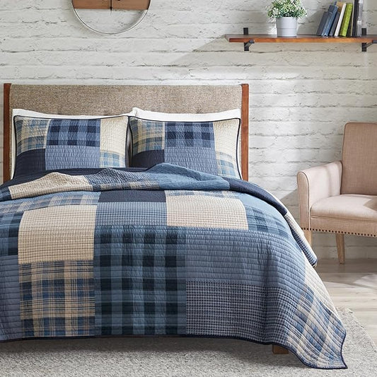 WOOLRICH Quilt Set Patchwork Channel Quilting, Cottage Coverlet for Twin Size Bed All Seasons, Lightweight Prewashed Cotton Coverlet Bedspread, Shams, Winter Hills,Oversized King/Cal King Blue 3 Piece