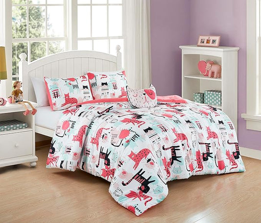 Chezmoi Collection 3-Piece Cartoon Cats Bedding Set Twin Size - Blue Pink Black Soft Microfiber Comforter Set w/Cat Throw Pillow for Kids Teens