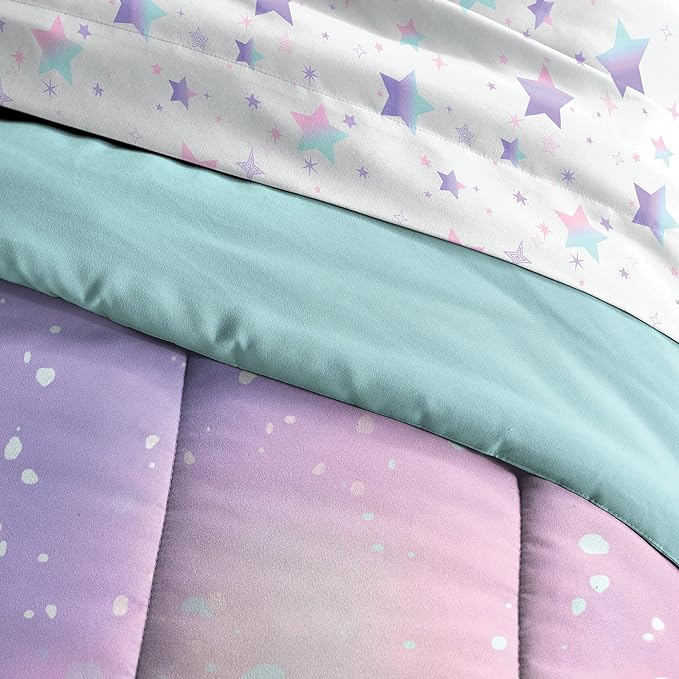 Dream Factory Kids 7-Piece Complete Bed Set Easy-Wash Super Soft Microfiber Comforter Bedding, Full, Pink Twilight Galaxy Stars