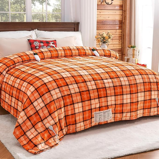 OCTROT Heated Electric Blanket Queen Size, 84X90 Heating Blanket Queen with Dual Control&10 Heats Levels&Timer for Bed,Orange Plaid Sherpa Blankets Warmer Gift for Grandma Women Halloween Home Decor