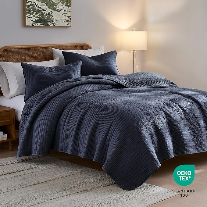 palassio Striped Navy Blue 100% Cotton Quilt Twin Size Bedding Sets, Lightweight Crinkly Channel Pick Stitch Textured Bedspread Soft Shabby Chic Farmhouse Country Coverlet for All Season, 1 Sham