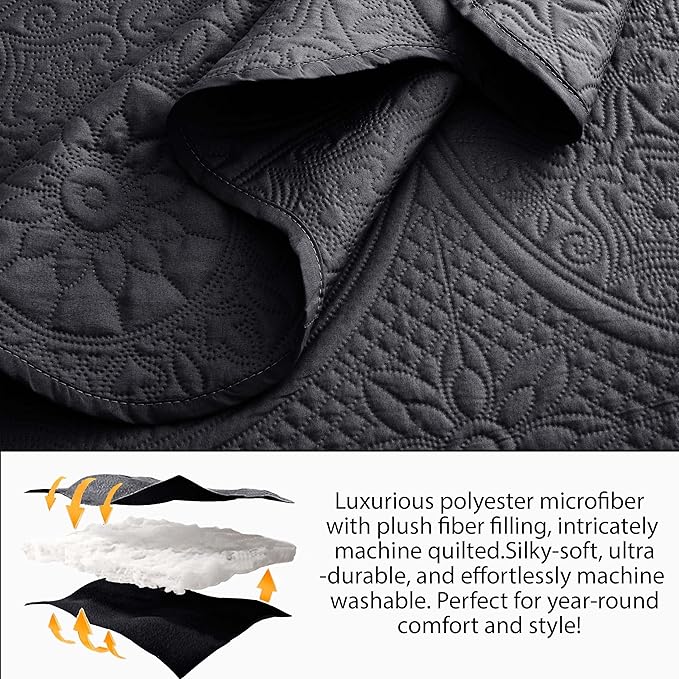 MOONLIGHT20015 10 Pack Twin Quilt Bedding Set (68" x 86") - Bulk Wholesale for Hotels, Guest Bedroom & Airbnbs - Lightweight Microfiber Reversible Floral Embossed Quilts Bedspreads (Charcoal)