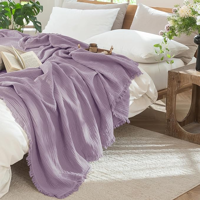 MooMee Muslin Blanket - 100% Cotton 4-Layer Gauze Throw Blanket with Tassels Ultra-Soft Breathable Lightweight Cooling for Bed Couch (Light Purple,Super King 108" x 98")