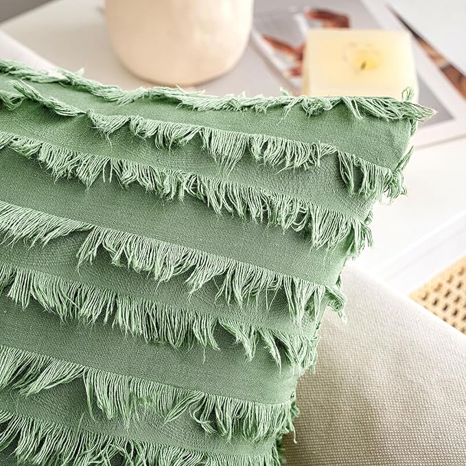 MIULEE Set of 2 Decorative Boho Throw Pillow Covers Spring Linen Striped Jacquard Pattern Cushion Covers for Spring Sofa Couch Living Room Bedroom 18x18 Inch Grass Green