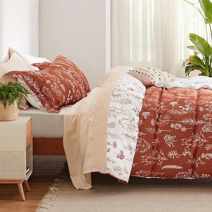 Bedsure Duvet Cover Queen Size - Reversible Terracotta Queen Duvet Cover Set with Zipper Closure, 3 Pieces Floral Patterned Bedding Set with 8 Corner Ties and 2 Pillow Shams