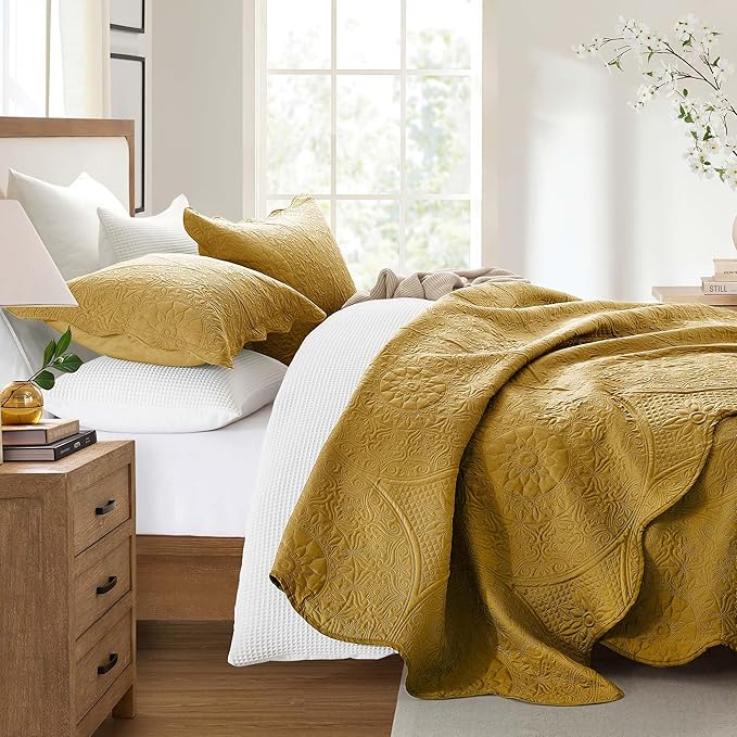 IR Imperial Rooms 8 Pack Quilt King Size Bedding (106" x 96") - Bulk Wholesale for Hotels, Guest Bedroom & Airbnbs - Lightweight Microfiber Reversible Floral Embossed Quilts Bedspreads (Ochre)