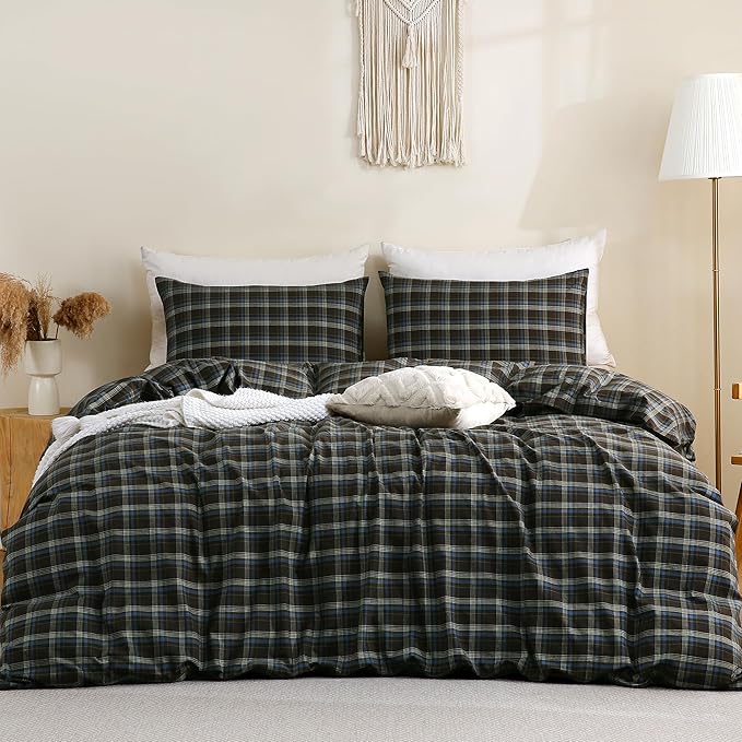 TOCOMOA Buffalo Plaid Duvet Cover Set 100% Washed Cotton Like Linen Feel Super Soft Comfy 3 Piece Brown Blue Gingham Checkered Bedding Comforter Cover Set (Queen 90"x90", Comforter Not Included)
