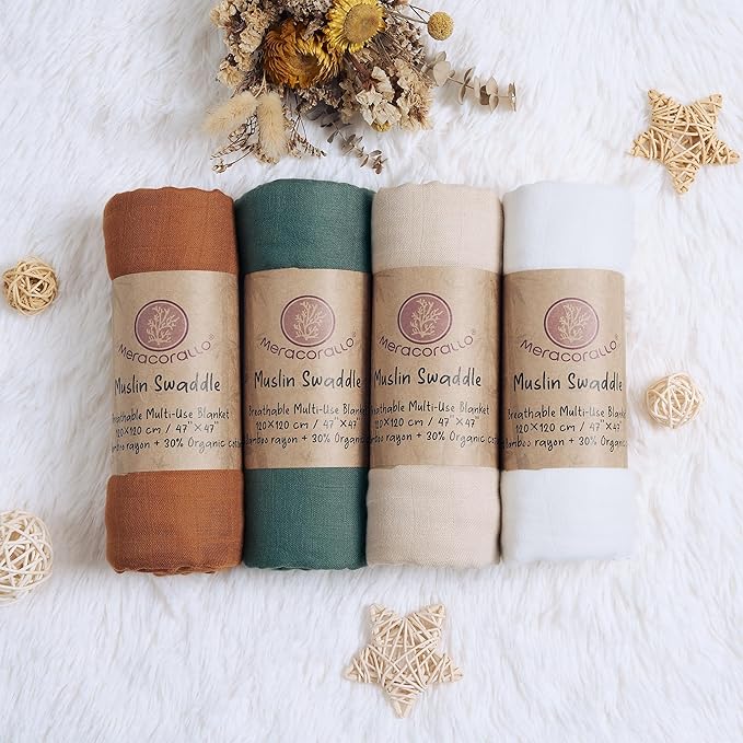 Meracorallo Muslin Swaddle Blanket Silky Soft Receiving Blanket Swaddle Wrap for Baby Boys and Girls, 47 x 47 inches, Set of 4 Solid Color, Brown Green Beige White