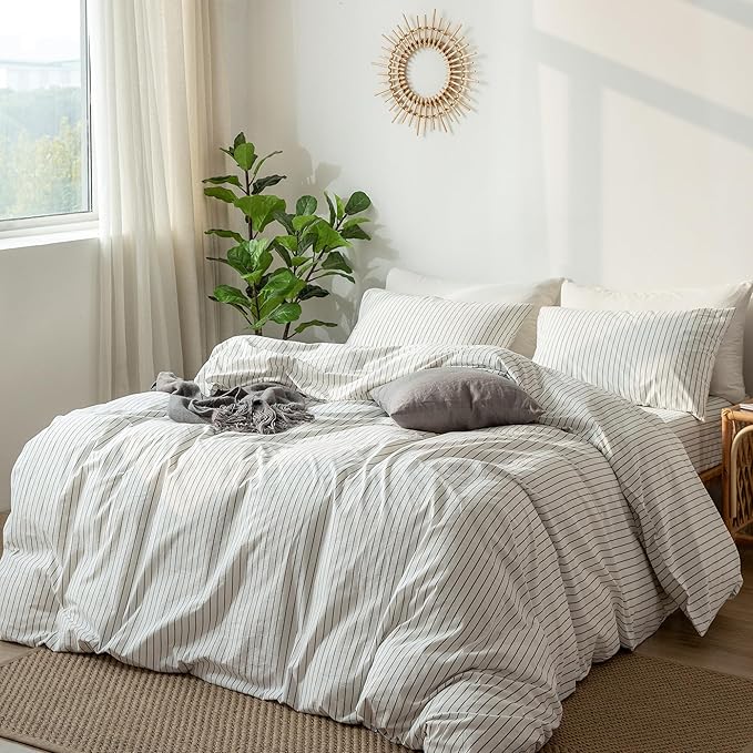 MooMee Striped Duvet Cover Set 100% Washed Cotton Linen Like Textured Breathable Durable Soft Comfy (White Dark Grey Wide Stripes, King 104"x90")