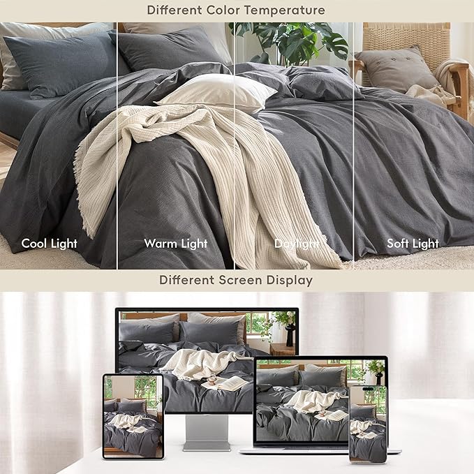 MooMee Bedding Duvet Cover Set 100% Washed Cotton Linen Like Textured Breathable Durable Soft Comfy (Heathered Dark Grey, Queen 90"x90")