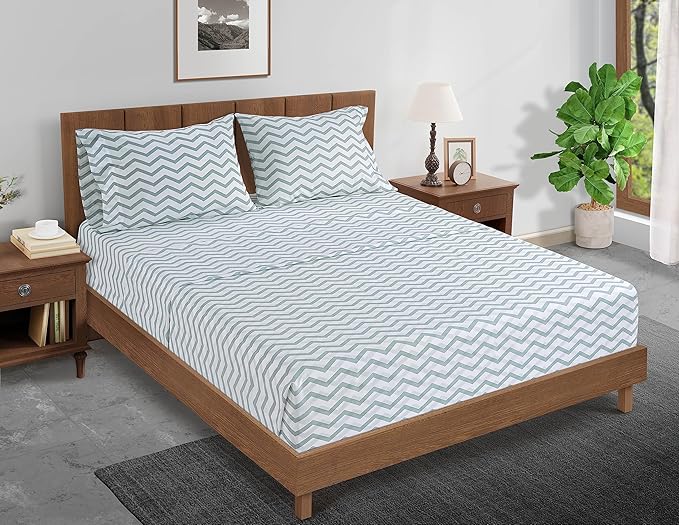 LANE LINEN 100% Organic Cotton Twin XL Fitted Sheet, 2-Piece Set (1 Fitted Sheet, 1 Pillowcase), Percale Weave, Lightweight, Soft, Breathable, Fits Mattress Upto 15' Deep - Cool Blue Chevron