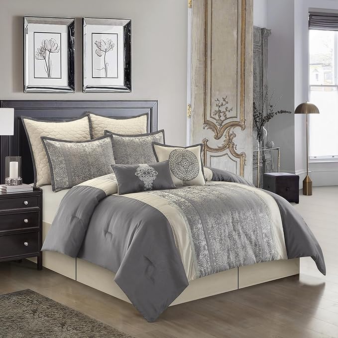 Grand Avenue Silver/Ivory Damask Patchwork King Comforter Set, 8 Piece, Jacquard Pillow Sham, Bedskirt, Decorative Pillow, All Season Bedding Set
