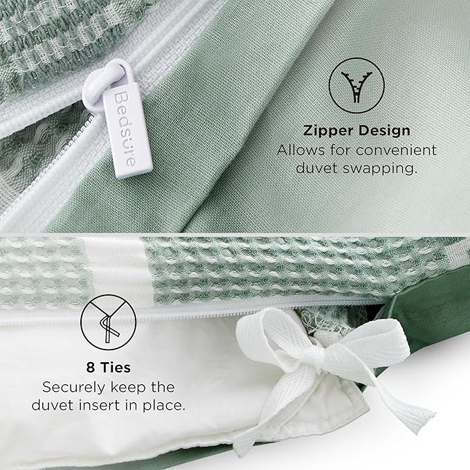 Bedsure Waffle Weave Duvet Cover King - 100% Cotton Boho Duvet Cover with 2 Pillowcases - Green Textured Comforter Cover with Zipper Closure (King, 104"x90")
