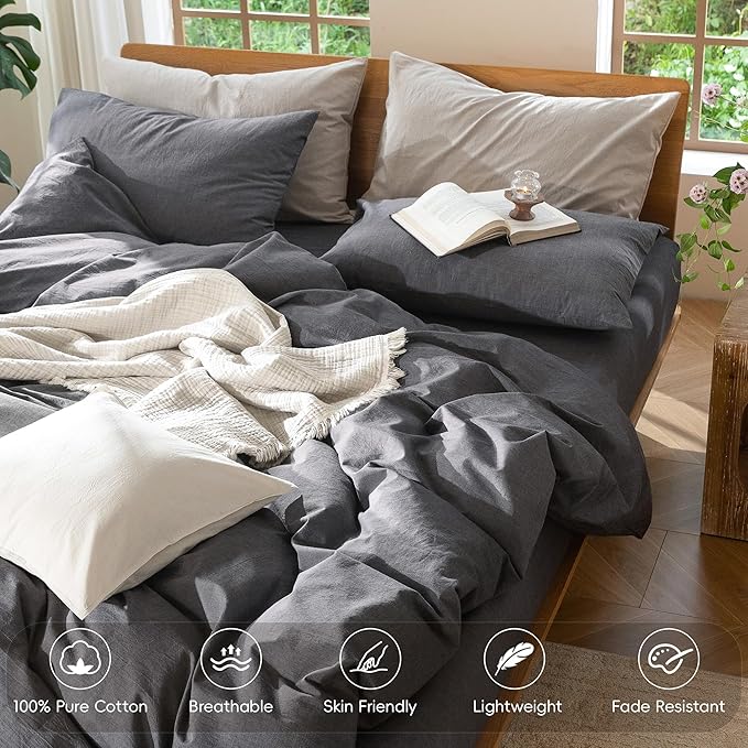 MooMee Bedding Duvet Cover Set 100% Washed Cotton Linen Like Textured Breathable Durable Soft Comfy (Heathered Dark Grey, Super King 108"x98")