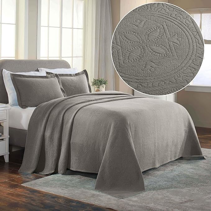 Superior 2 Piece Celtic Circles Cotton Bedspread Set, Decorative Bed Spread, Home Bed Decor, 1 Pillow Sham, Medium Weight Blanket, Matelasse Coverlet Bedding, Wedding Ring Design, Twin, Charcoal