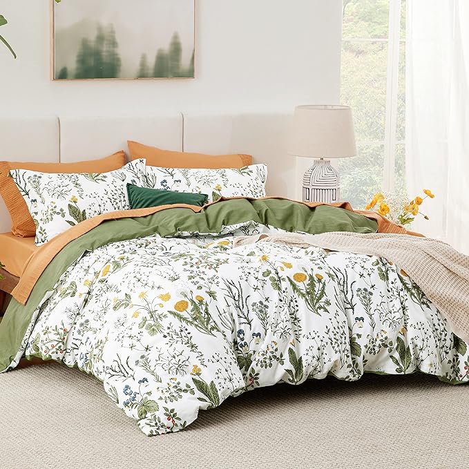 Bedsure Duvet Cover Queen Size - 100% Cotton Reversible Floral Queen Duvet Cover Set with Zipper Closure, 3 Pieces Soft & Breathable Green Bedding Set with 2 Pillow Shams 20"x26"