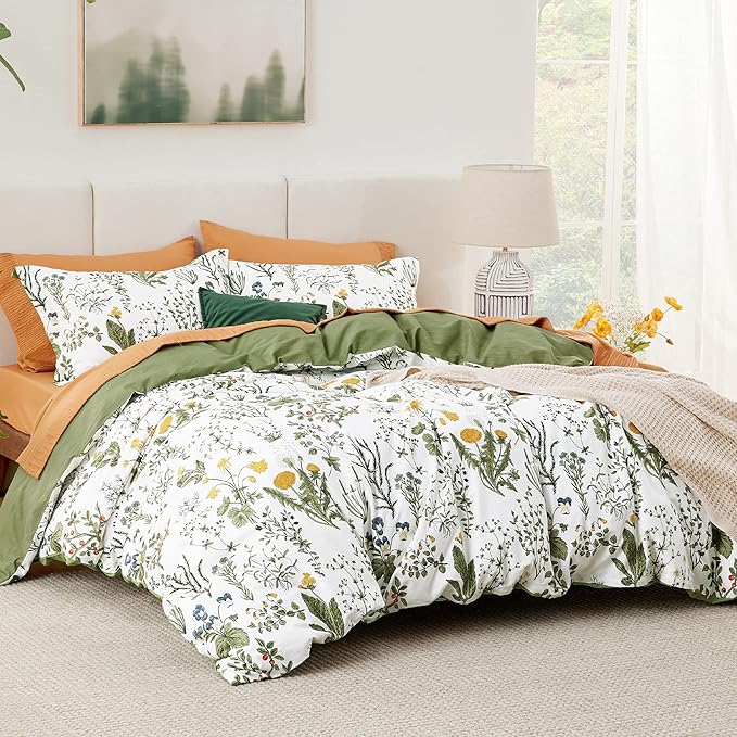 Bedsure Duvet Cover Twin Size - 100% Cotton Reversible Floral Twin Duvet Cover Set with Zipper Closure, 2 Pieces Soft & Breathable Green Bedding Set with 1 Pillow Sham 20"x26"