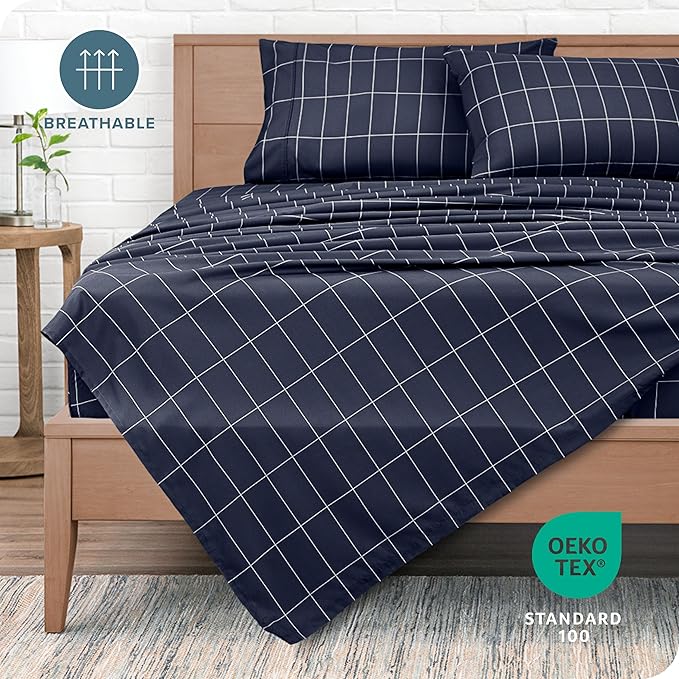 Bare Home Split King Sheet Set - 1800 Ultra-Soft Microfiber Double Brushed - Deep Pockets - Easy Fit - 5 Piece Set - Bed & Pillowcases (Split King, Grid - Midnight/White)