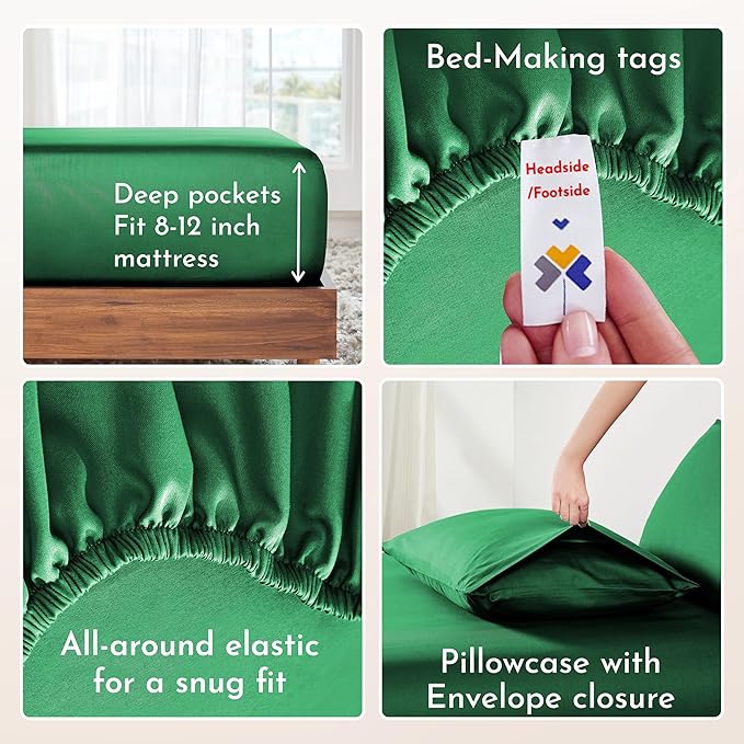 California Design Den Natural 100% Cotton Bed Sheets Twin Size Set - Soft Sateen Twin Sheets with 12" Pockets, Breathable and Durable Bedding Set for Dorm Rooms, College (Emerald Green)
