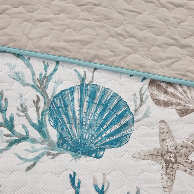 Madison Park Quilt Set Cottage Coastal Design, Starfish Print - All Season, Coverlet Bedspread Lightweight Bedding Layer, Shams, Toss Pillows, King/Cal King(104"x94"), Pebble Beach Aqua 6 Piece