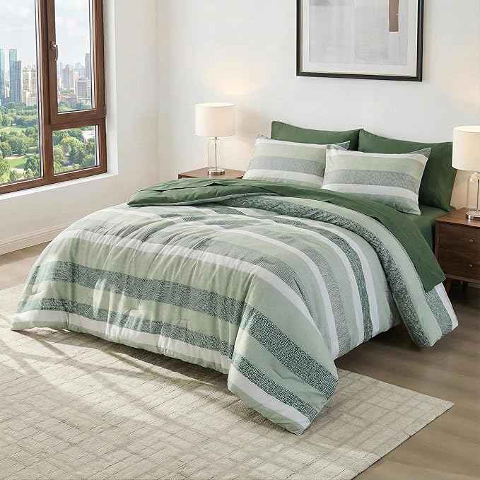 Full Size Modern Striped Comforter Set, Lightweight Soft Microfiber Bedding Sets for All Season 7 Pieces Bed in A Bag Set with Comforter, Sheets, Pillowcases & Shams, Sage Green