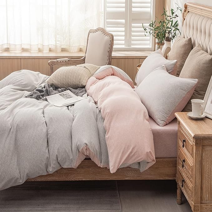 PURE ERA Jersey Knit Duvet Cover Set 100% T-Shirt Heather Cotton Super Soft Comfy Classic Striped Design, with Zipper Closure, Grey Light Pink Pinstripe, King