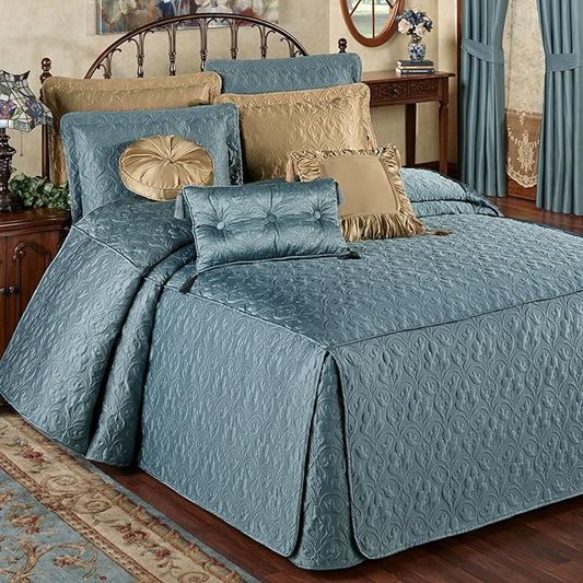Cambridge Classic Luxury Bedding | Blue Shadow Solid Color Polyester Satin | Elaborate Damask Quilting | 6 Pc Set Includes Oversized California King Bedspread, 2 King Shams, & 3 Decorative Pillows