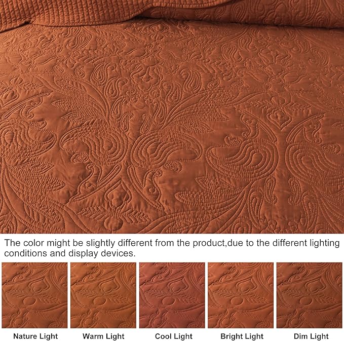HoneiLife Embroidered Quilt King Size - 3 Piece Microfiber Quilt Sets Lightweight Bedspreads Reversible Coverlets Retro Bed Cover Paisley Pattern Bedding Set All Season Quilts-Rust