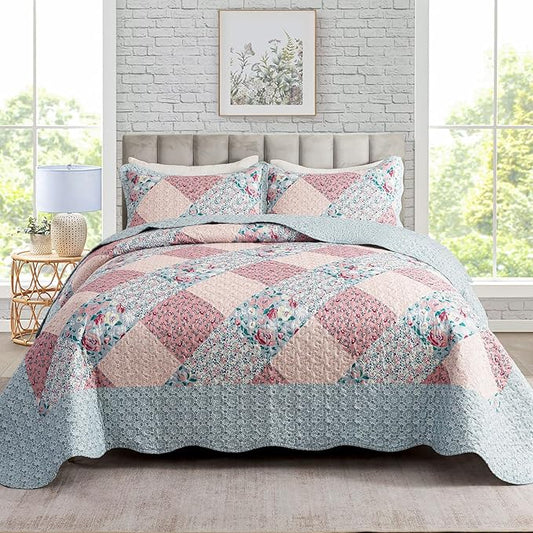 Travan 3-Piece Bedspread Quilt Set Lightweight Coverlet Set Garden Style Floral Printed Oversized Quilted Bedding Set with Shams for All Season, Exquisite, King Size