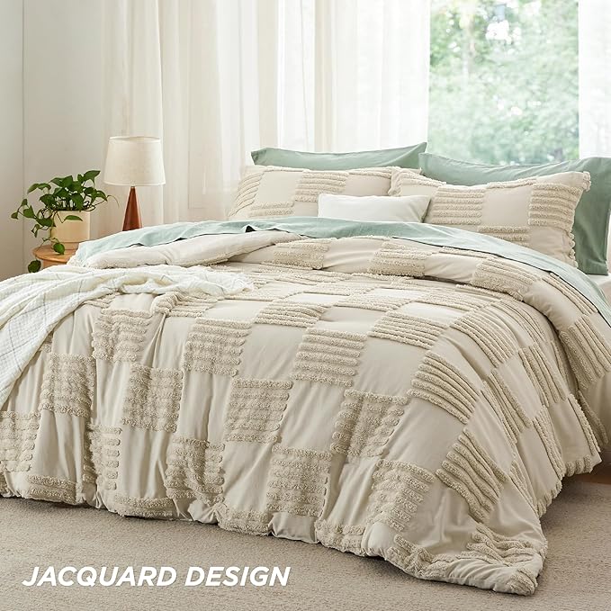 Bedsure King Size Comforter Set Linen, Boho Tufted Bed Set, Grande Checkered Farmhouse Shabby Chic Bedding, 3 Pieces, 1 Plaid Geometric Comforter and 2 Pillow Shams