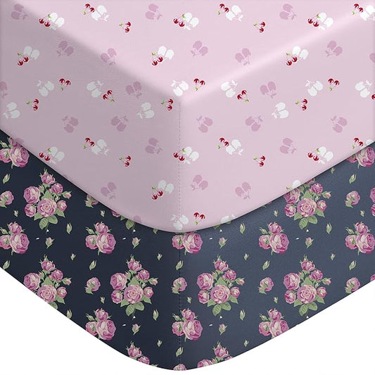 Yoofoss Baby Crib Sheets for Boys Girls, Fitted Crib Sheet 2 Pack for Standard Crib and Toddler Mattress, Super Soft Microfiber Baby Sheet 28x52x8in(Pink+Cherry)