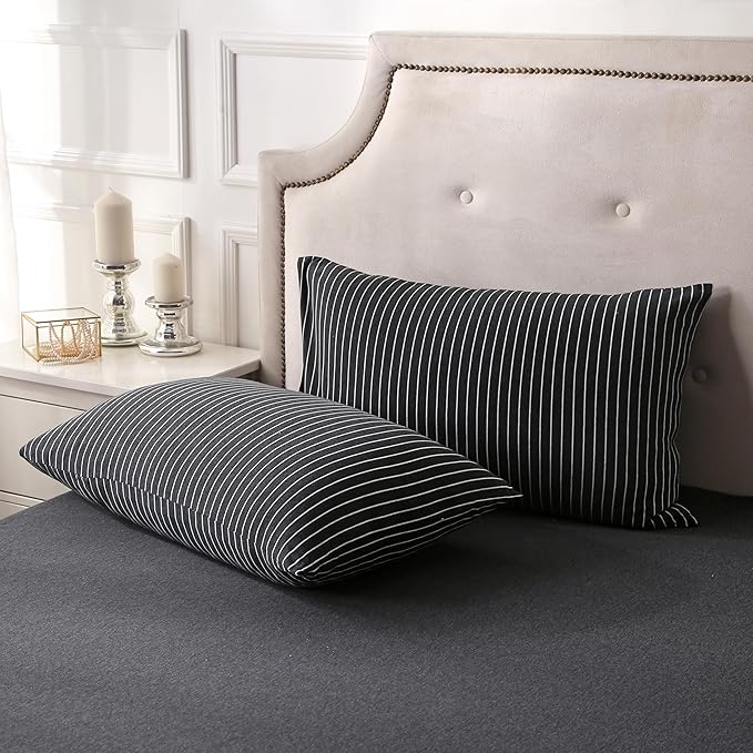 PURE ERA Jersey Knit Duvet Cover Set 100% T-Shirt Heather Cotton Super Soft Comfy Classic Striped Design, with Zipper Closure, Black & White Pinstripe, King