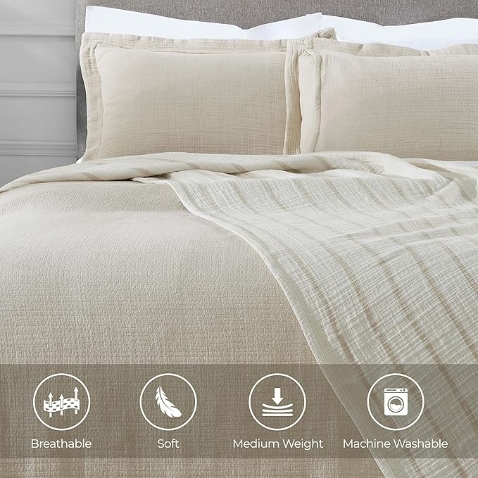 Superior 3 Piece Cotton Reversible Bedspread and Sham Set, Home Bed Decor, Decorative Bed Spread, 2 Pillow Shams, Medium Weight, Matelasse Coverlet Bedding, Valencia Collection, Queen Size, Beige