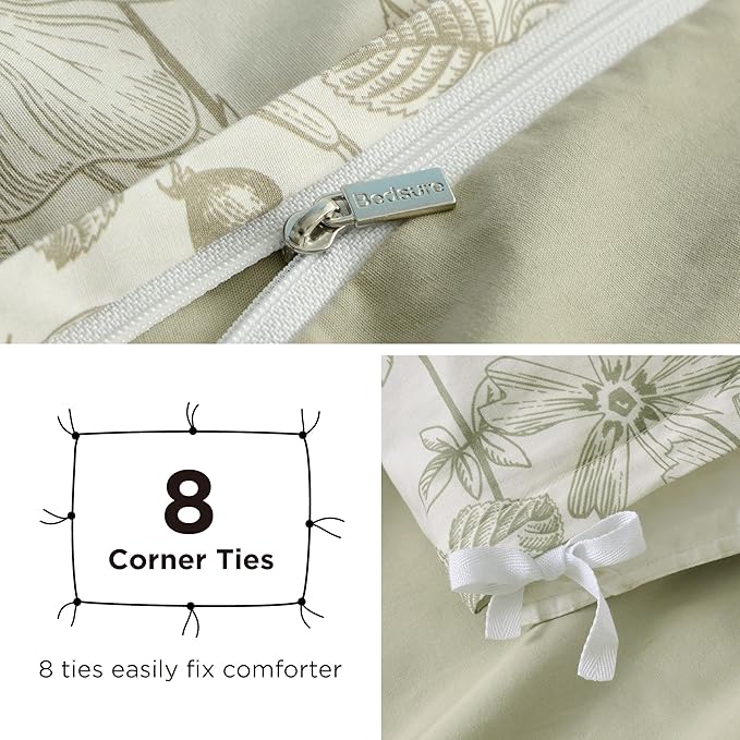 Bedsure Duvet Cover Queen Size - 100% Cotton Reversible Floral Queen Duvet Cover Set with Zipper Closure, 3 Pieces Soft & Breathable Botanical Green Bedding Set with 2 Pillow Shams 20"x26"