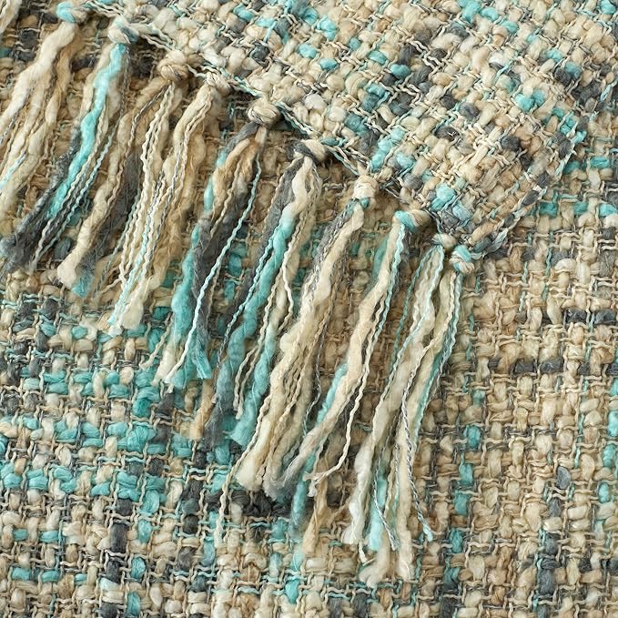 Multi-Color Blue Grey Cable Knitted Throw Blanket for Couch,50"X60" Boho Style Textured Blankets for Home Decor,Super Soft Warm Cozy Chunky Knit Blanket with Decorative Tassels for Bed