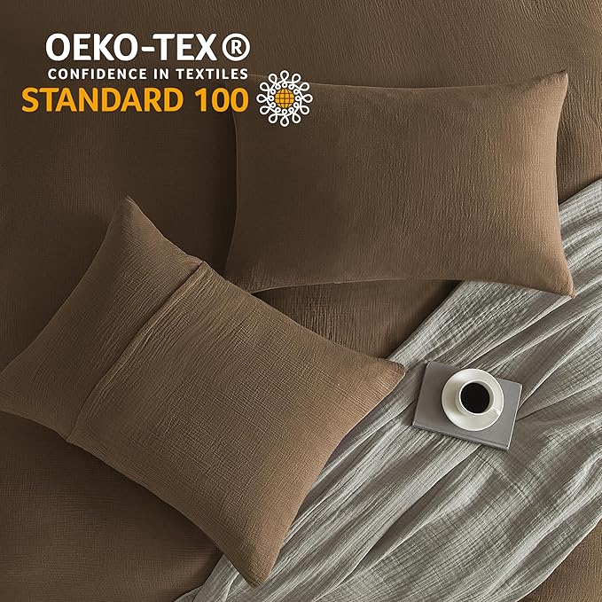 SE SOFTEXLY Muslin Duvet Cover California King Size, 100% Washed Cotton Duvet Cover Set, Soft Comforter Cover Linen Like, 3 Pieces Minimalist Gauze Duvet Cover with 2 Pillowcases, 98"x104", Dark Brown