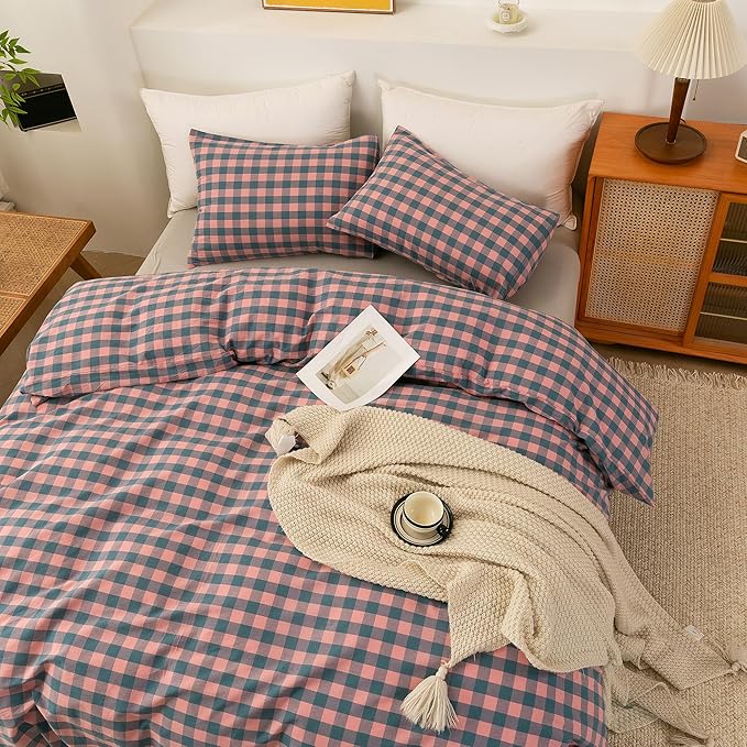 ECOCOTT Duvet Cover Oversized King Size, 100% Washed Cotton Linen-Like Soft & Breathable, Durable Comfy Bedding Set for All Seasons, Purple Pink Plaid